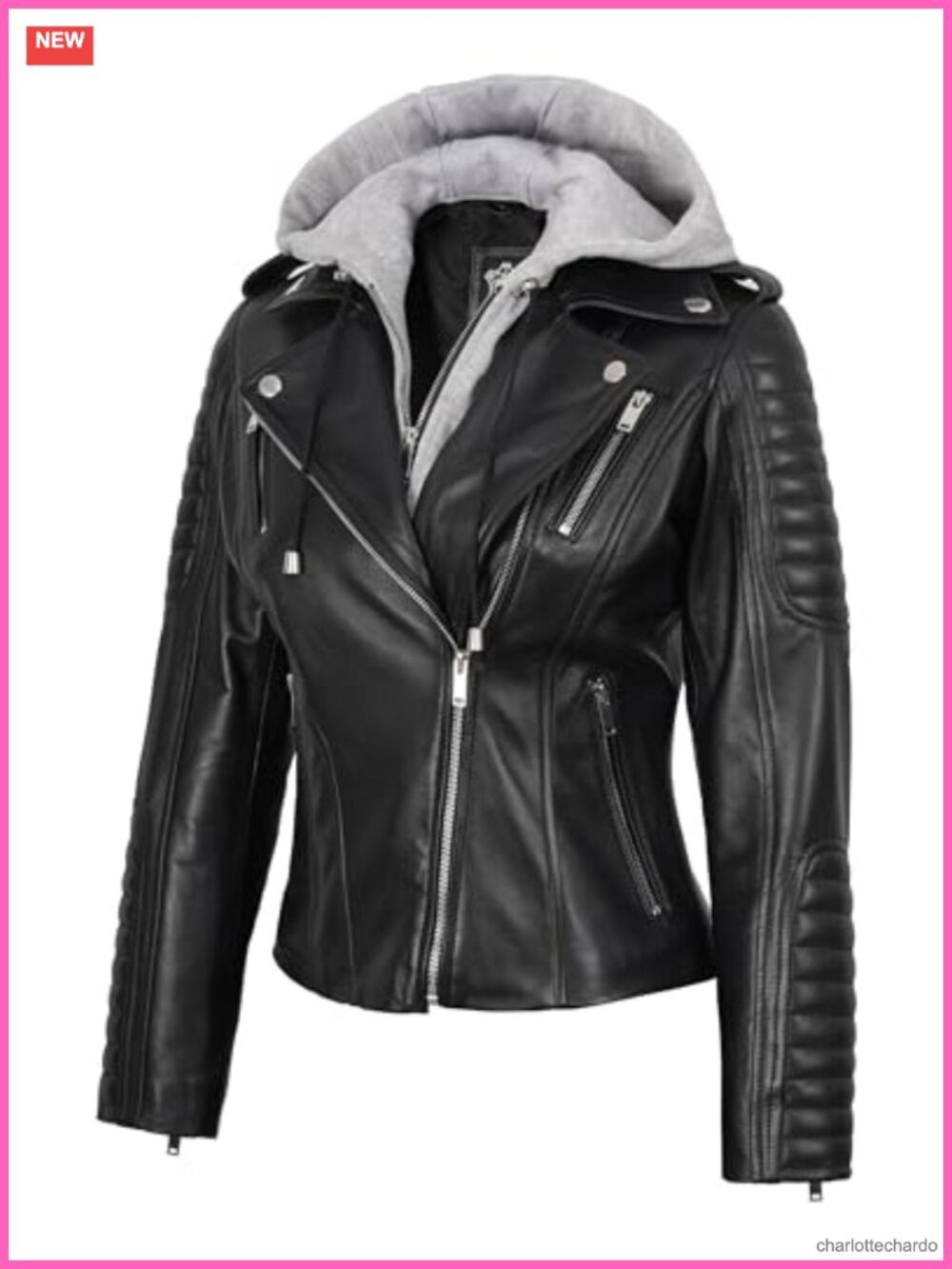 Womens Leather Jacket Asymmetrical Detachable Hood Real Lambskin Coat